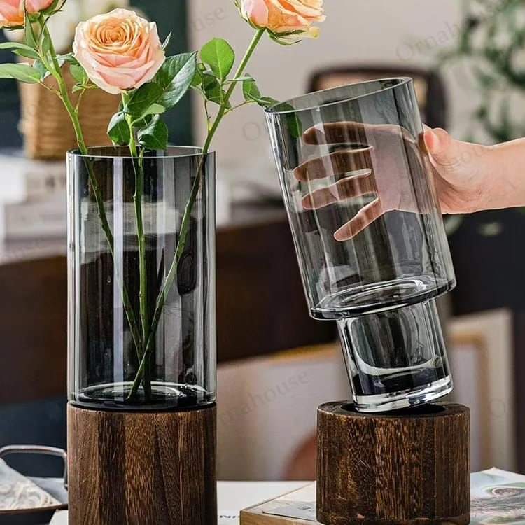 Glass vase with wooden base