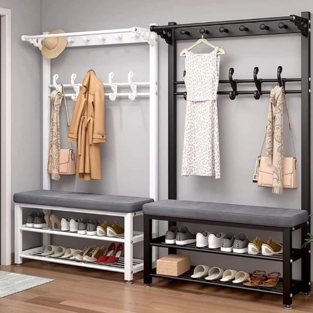 Bench shoe rack with clothes hanger