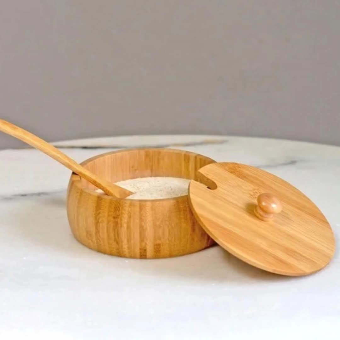 Bamboo sugar dish with bamboo teaspoon