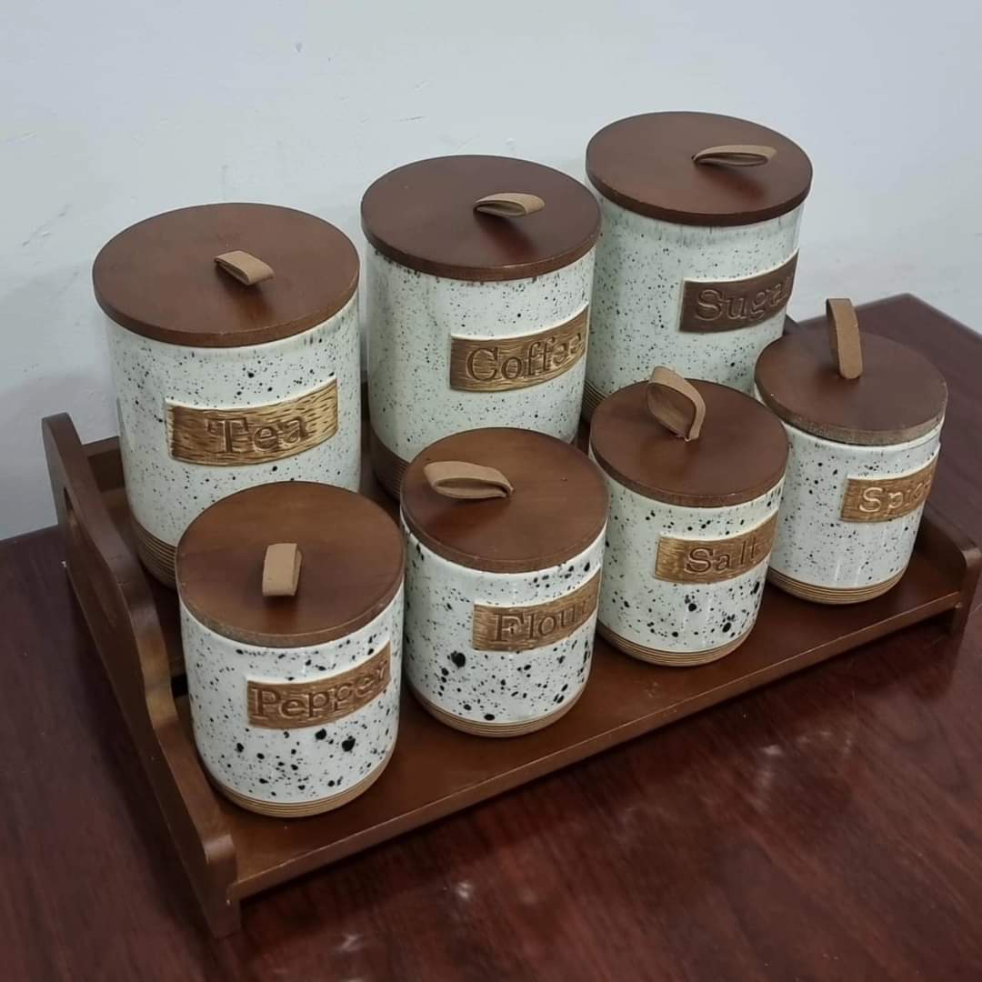 7pcs Farmhouse canisters on bamboo stand