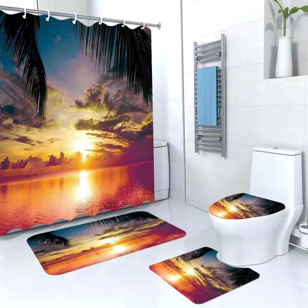 4 in1 bathroom woolen mats with a waterproof shower curtain