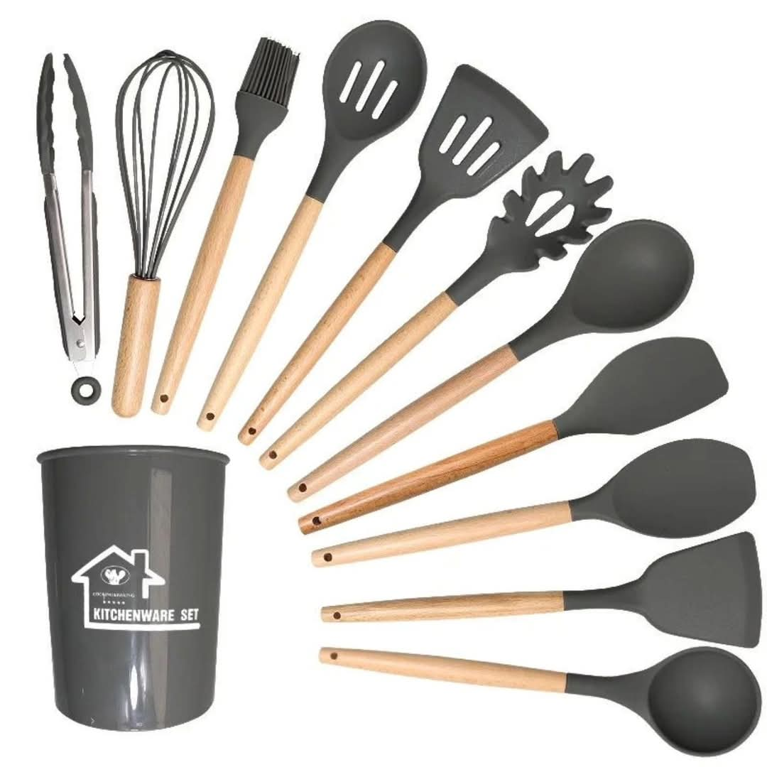 12 pcs silicone set kitchenware with a wooden handle