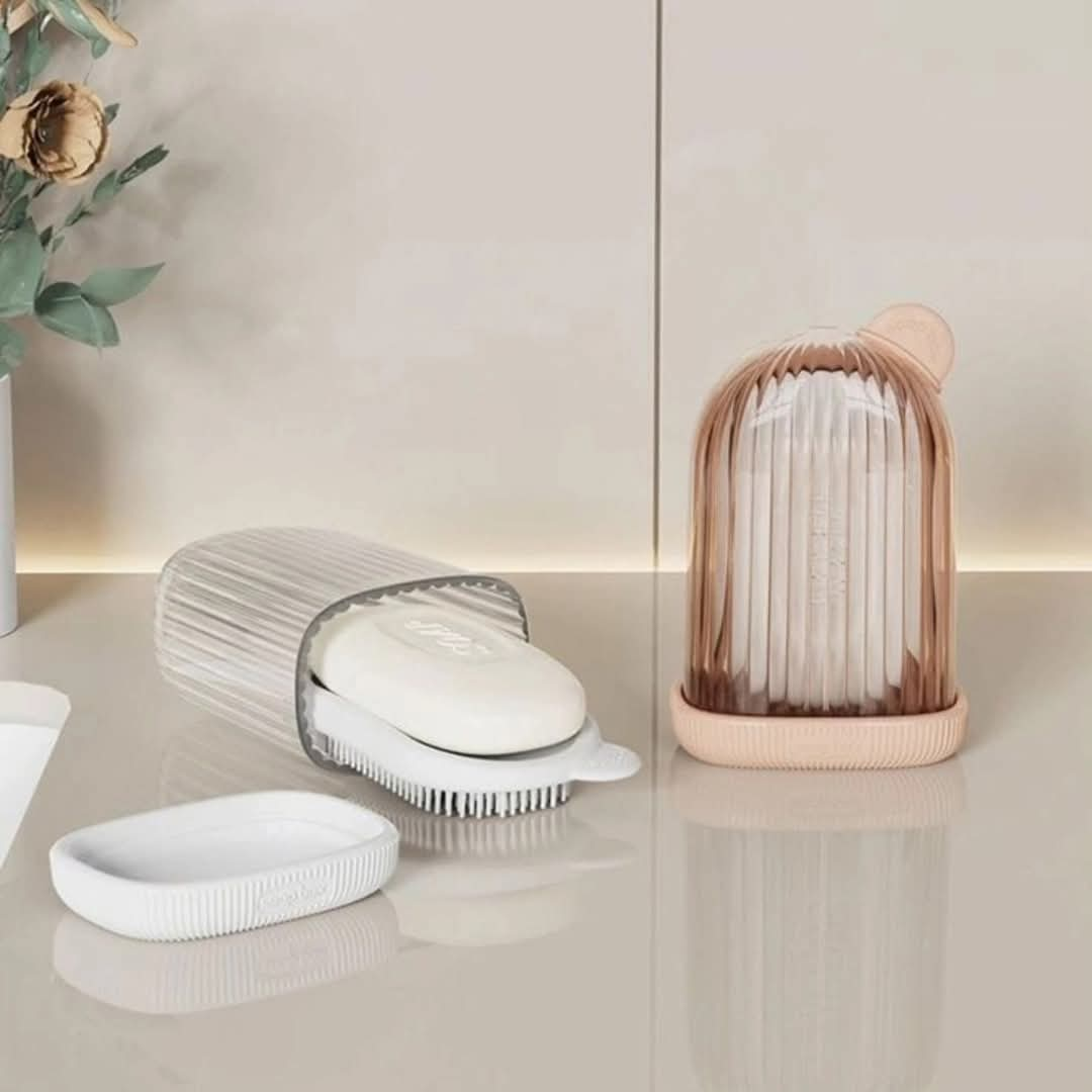 Travel soap dish holder with shower brush