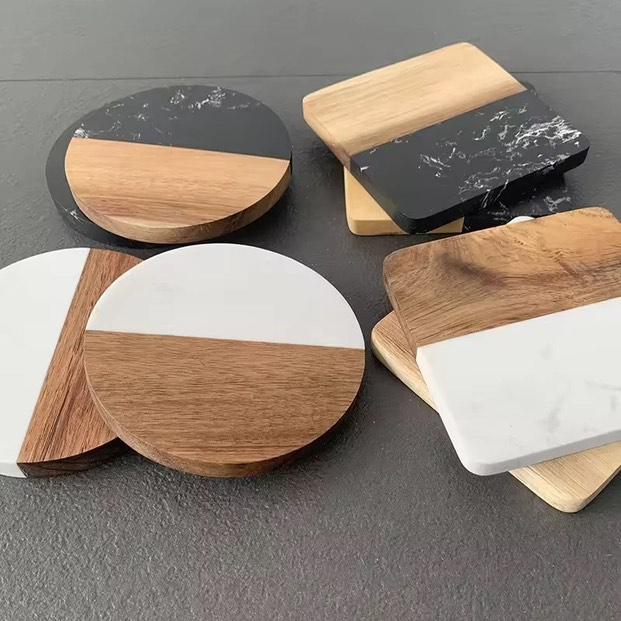 Heavy Marble Wood Splicing Coasters 6pcs Black Nov