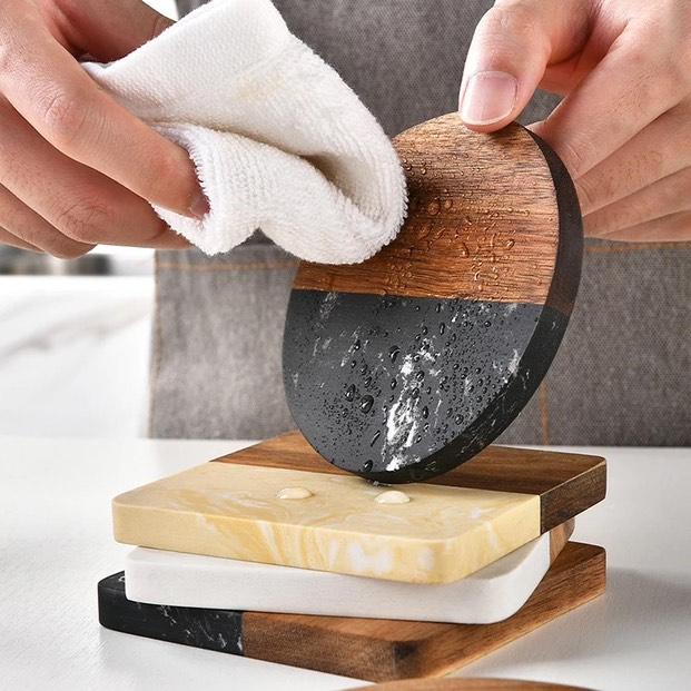 Heavy Marble Wood Splicing Coasters 6pcs Black Nov