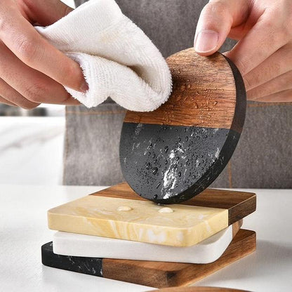 Heavy Marble Wood Splicing Coasters 6pcs Black Nov