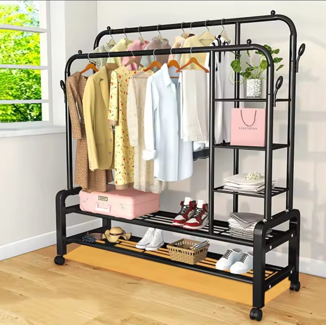 Double Layer Rack Floor Standing Clothes Hanger