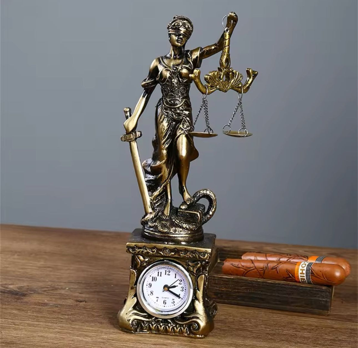 Statute with Clock Decor