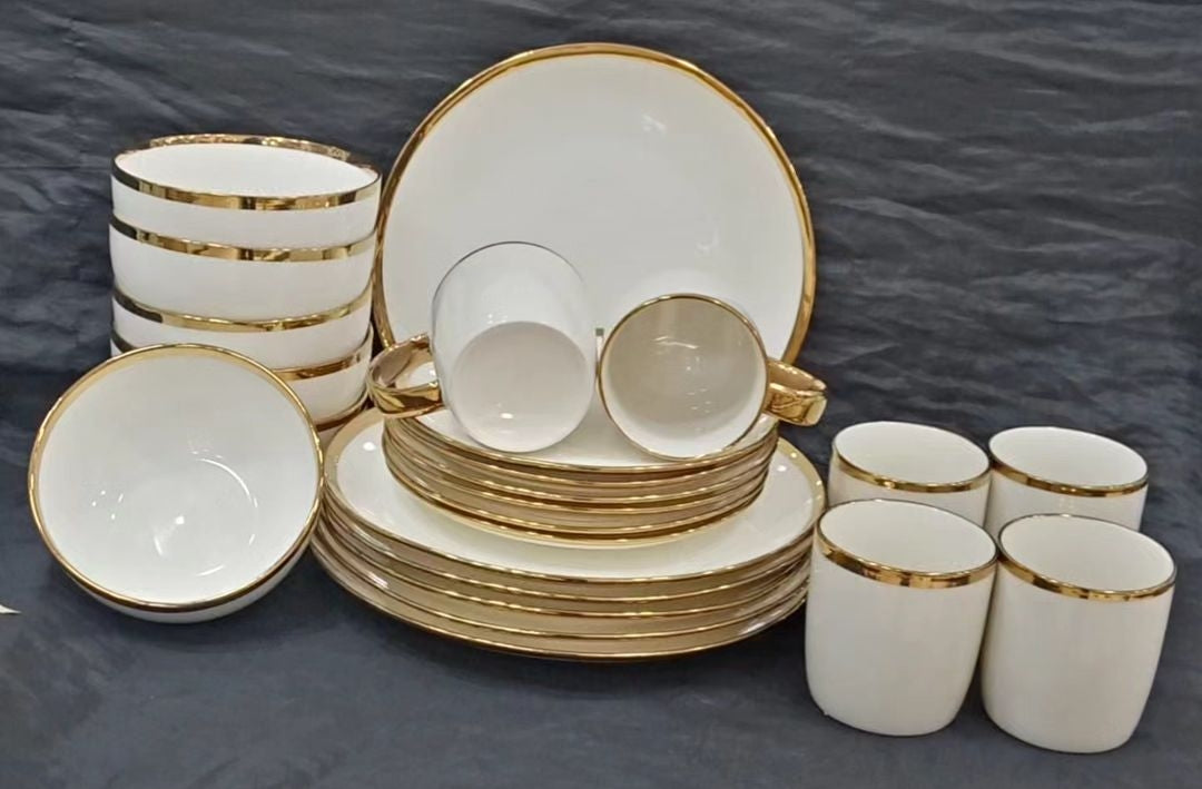 24pcs White With Gold Rims Classy Dinner Set