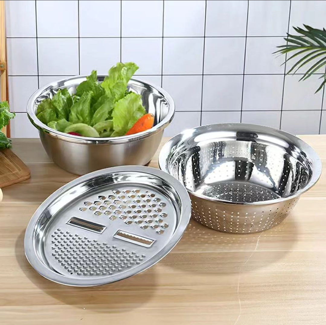 3Pcs/Set Multifunctional 26cm Stainless Steel Basin Household Artifact+Filter/Grater