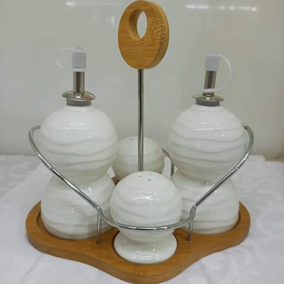 Ceramic soy sauce/vinegar bottles and salt/pepper set