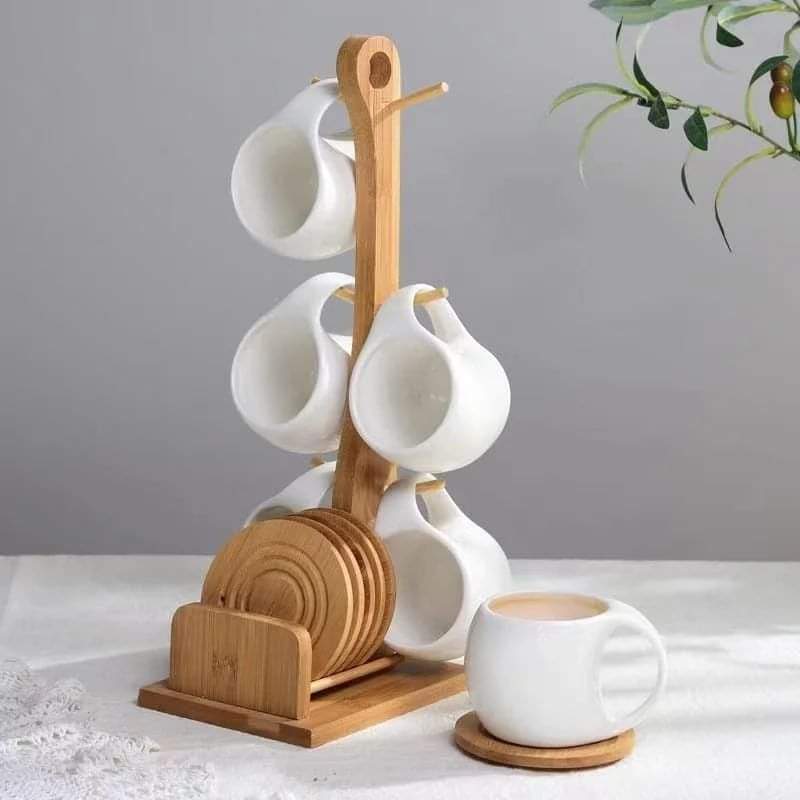 6  Ceramic cups + wooden bamboo stand sale