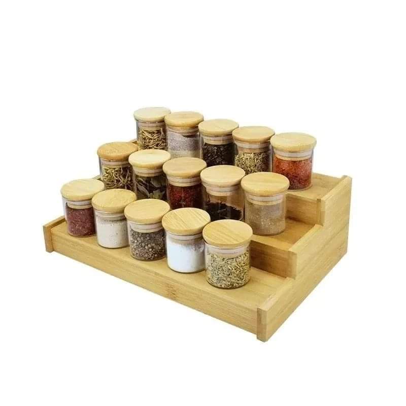 12pcs glass spice jar set with a brown bamboo stand